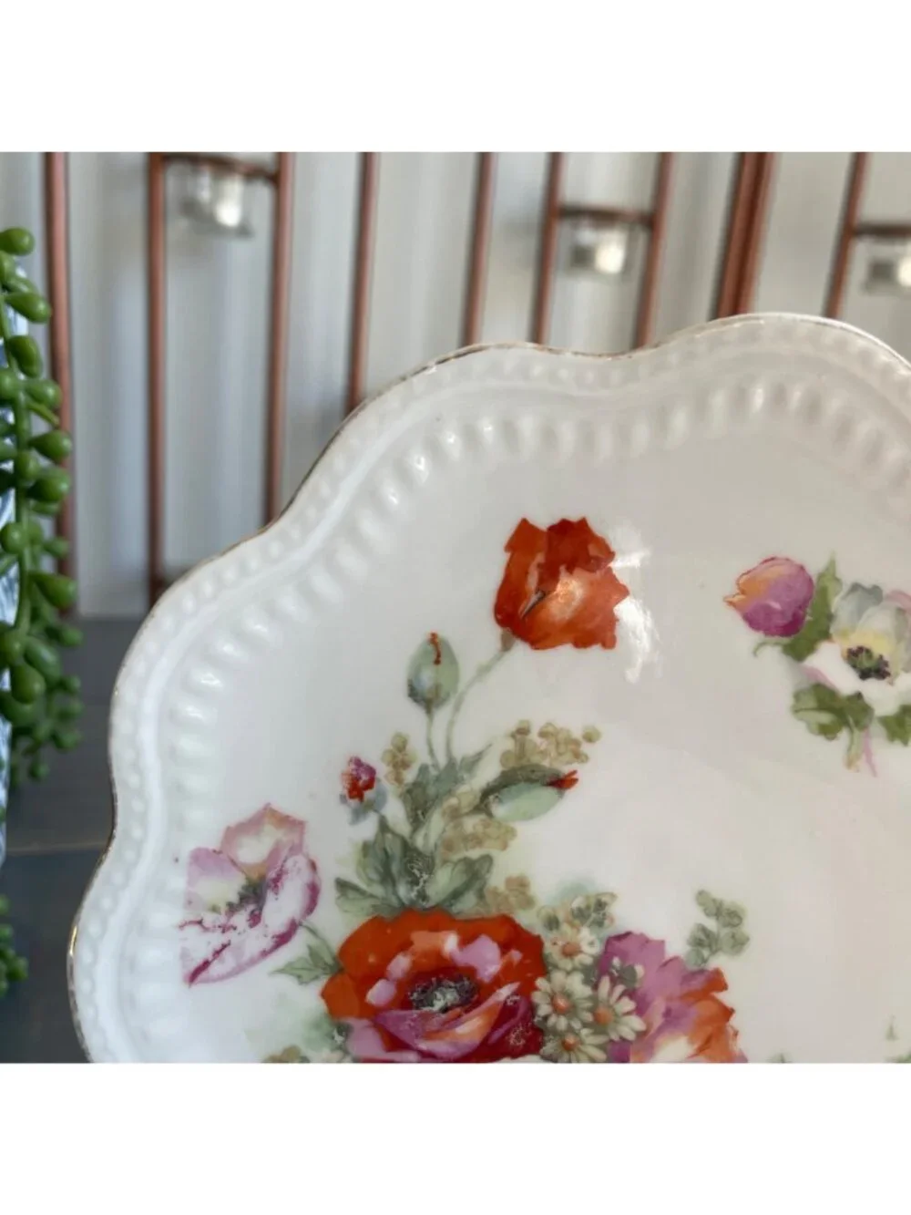 Antique Hand Painted Floral Porcelain Plate Germany Poppies Pink Roses Scalloped